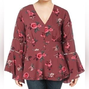 City Chic Rose Print V-Neck Peplum Blouse in Mauve